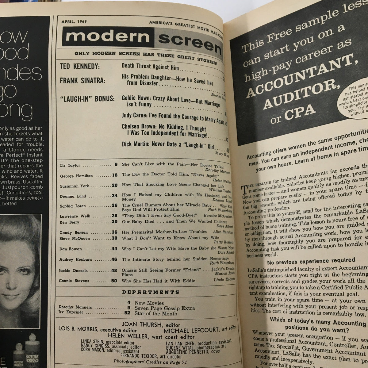 Inside layout of VTG Modern Screen Magazine, April 1969 showcasing the table of contents and features, reflecting the culture and entertainment of the 1960s.