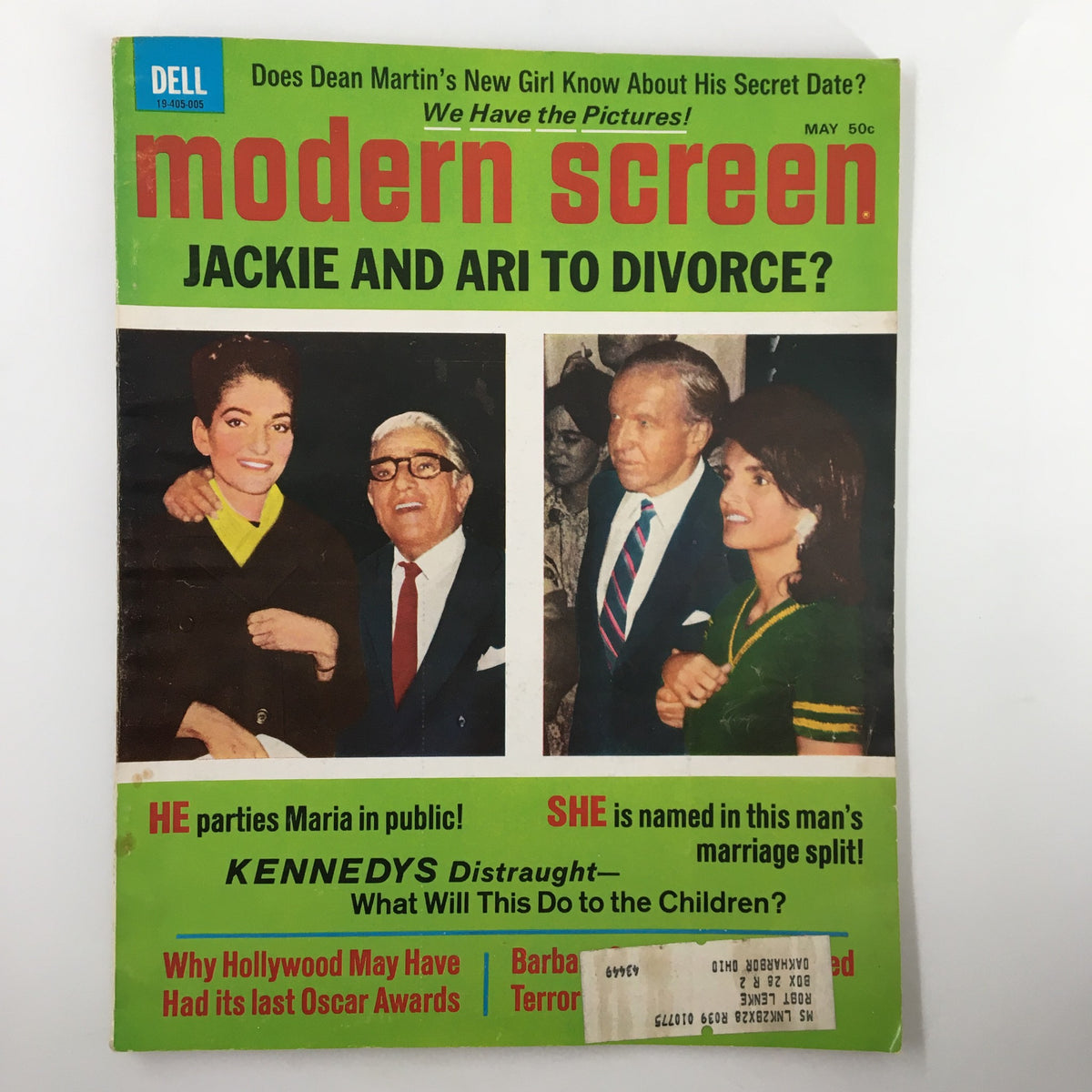 Cover of the May 1970 issue of Modern Screen Magazine featuring Jackie Onassis and Aristotle Onassis, depicting headlines about their personal lives and celebrity culture.
