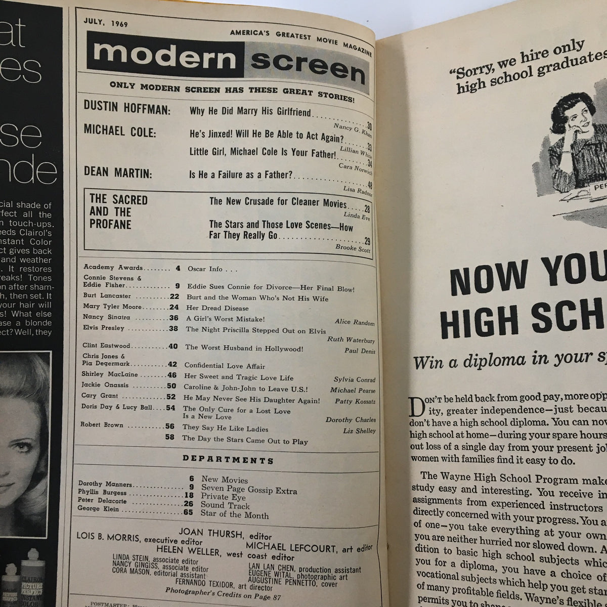 Inside page of VTG Modern Screen Magazine July 1969, highlighting articles including feature stories on Dustin Hoffman, Michael Cole, and Dean Martin.