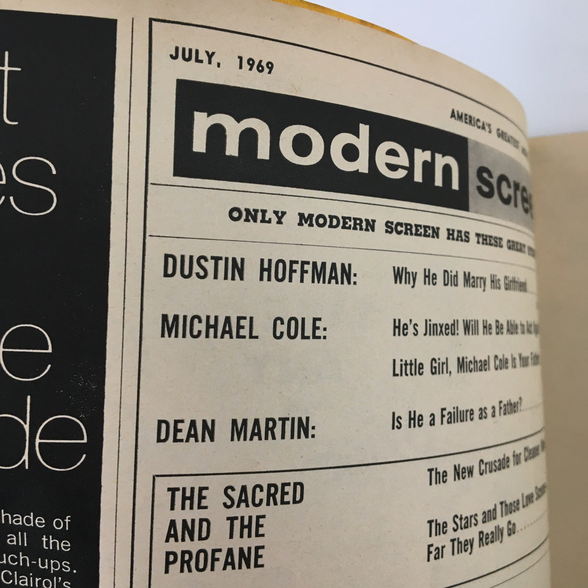 Another inside page of VTG Modern Screen Magazine July 1969, listing various major stories and sections from the magazine, offering a glimpse into the entertainment world of that time.