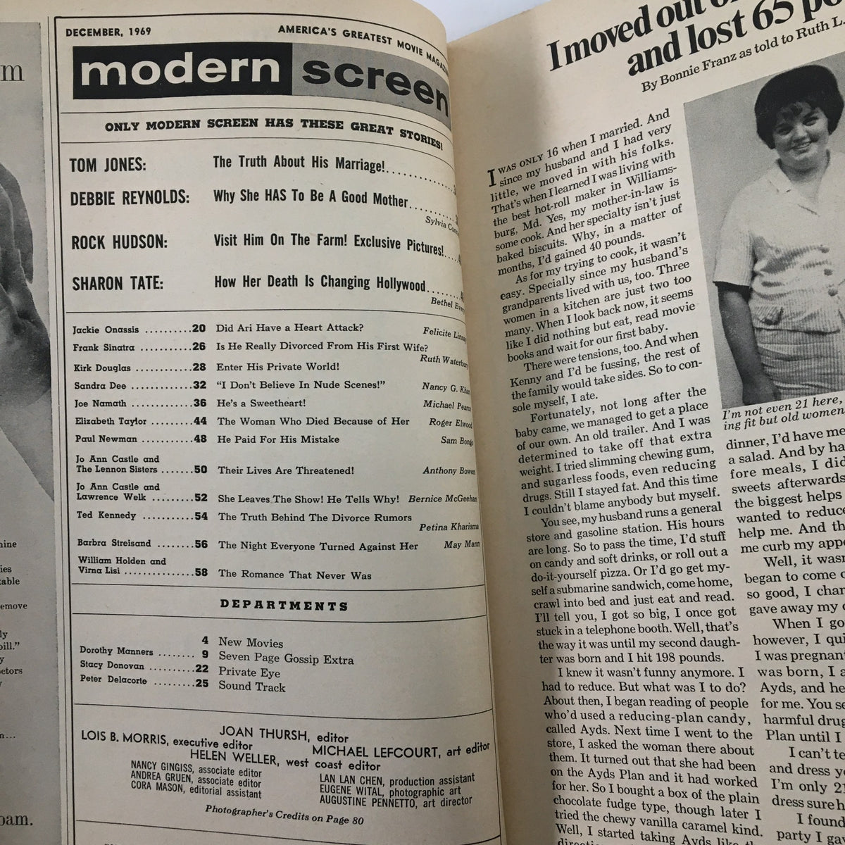 Inside page of VTG Modern Screen Magazine December 1969 displaying table of contents with articles on celebrities such as Jackie Onassis and Debbie Reynolds.
