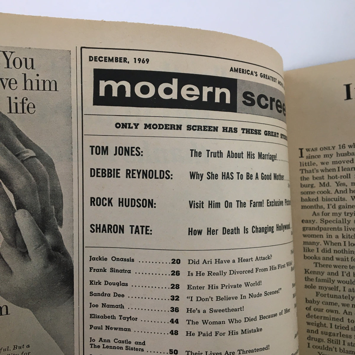 Close-up view of table of contents from VTG Modern Screen Magazine December 1969 featuring notable celebrity stories and insights from the late 1960s.
