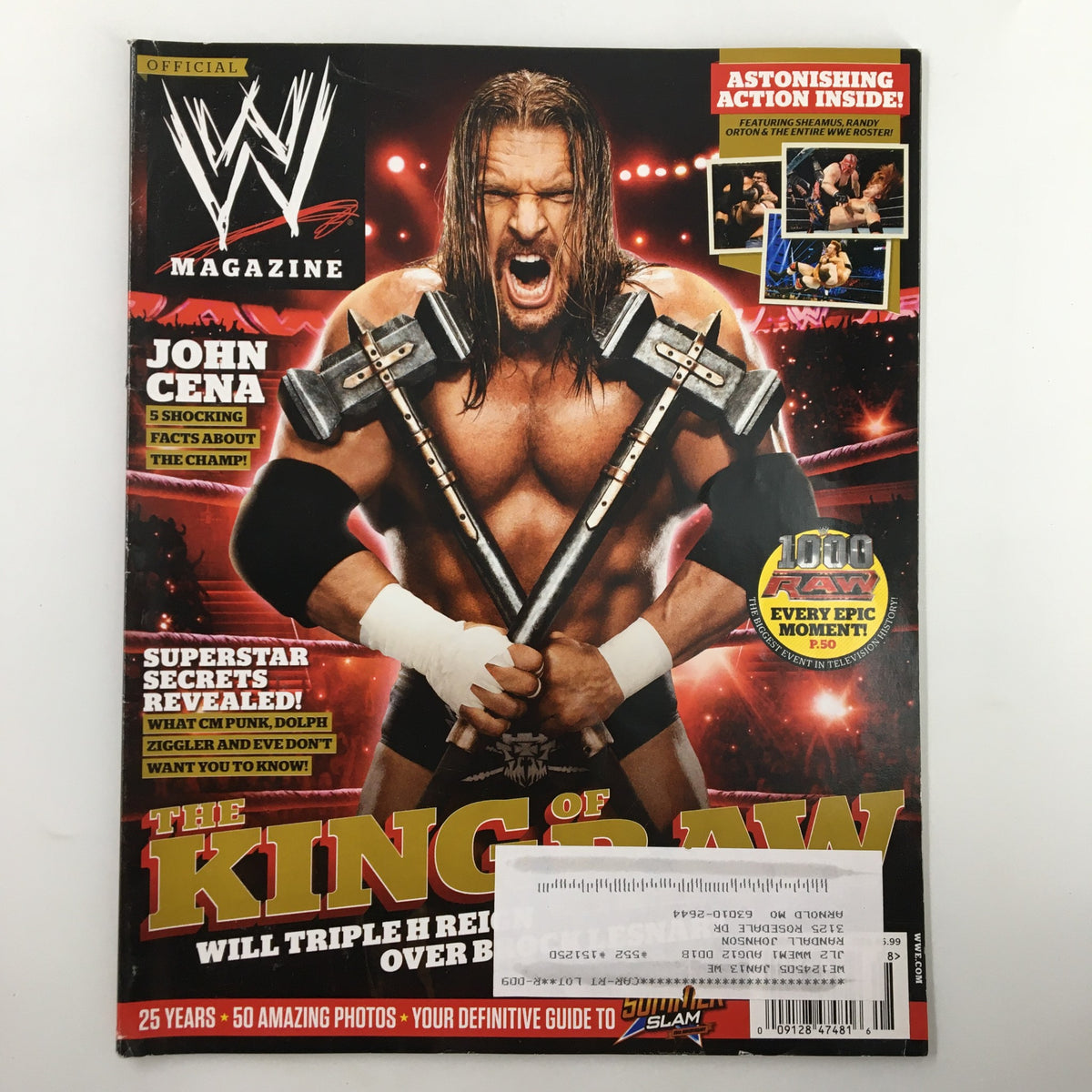 WWE Magazine August 2012 cover featuring Triple H as The King of Raw, with John Cena and promotional graphics highlighting shocking facts about the champion.