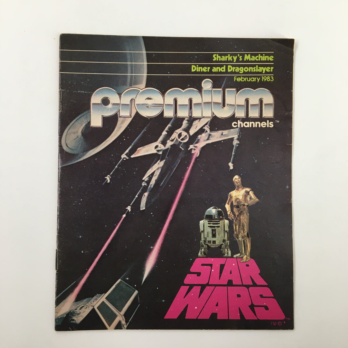 VTG Premium Channels Mini Magazine February 1983 featuring the iconic Star Wars cover with spacecraft and characters like C-3PO and R2-D2.