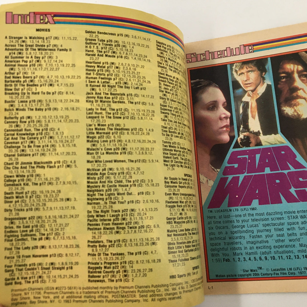 Inside the VTG Premium Channels Mini Magazine February 1983, showcasing the movie schedule including Star Wars, with images of characters like Han Solo and Princess Leia.
