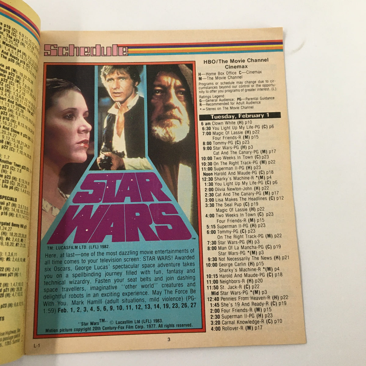 February 1983 Premium Channels Mini Magazine featuring valuable insights into Star Wars, showcasing key characters including Harrison Ford as Han Solo, alongside the movie schedule.