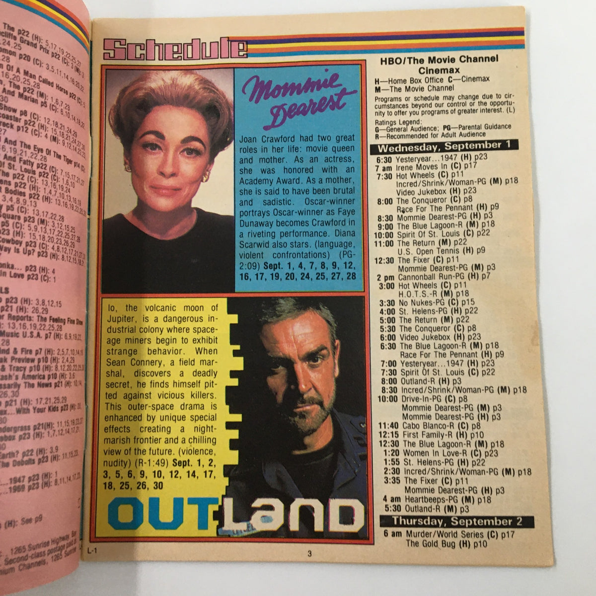 Detailed schedule page from the September 1982 VTG Premium Channels Mini Magazine, highlighting screenings, including Mommie Dearest starring Faye Dunaway.