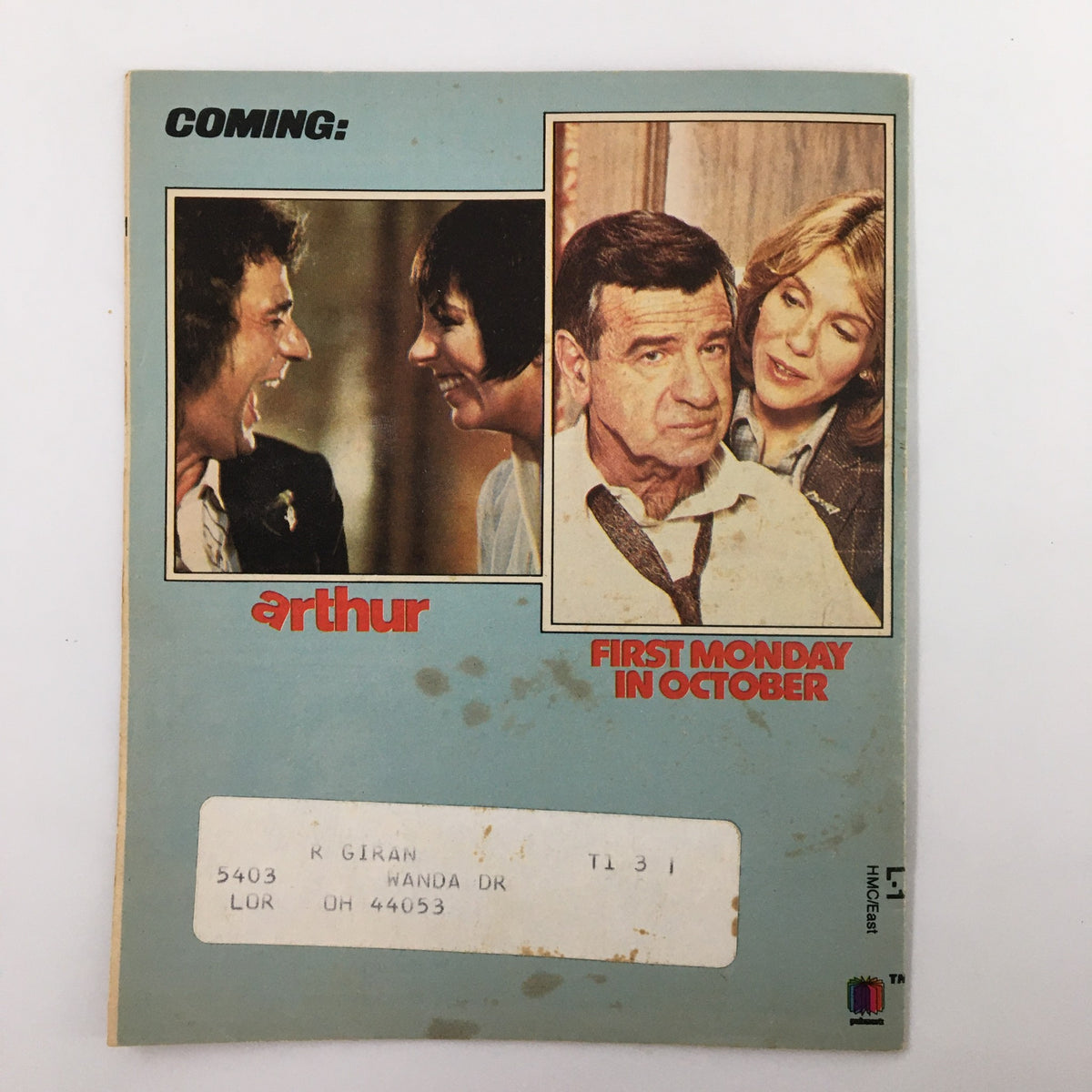 Back cover of the September 1982 VTG Premium Channels Mini Magazine, featuring upcoming titles including Arthur and First Monday in October, emphasizing its vintage nature.