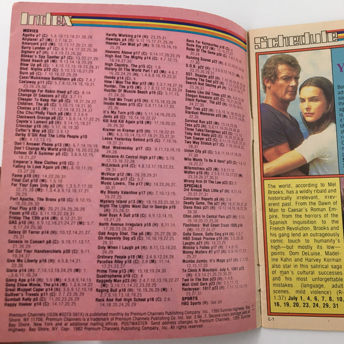 Inside page of the VTG Premium Channels Mini Magazine July 1982, displaying the index of featured movies and shows, highlighting entertainment listings from the early 80s.