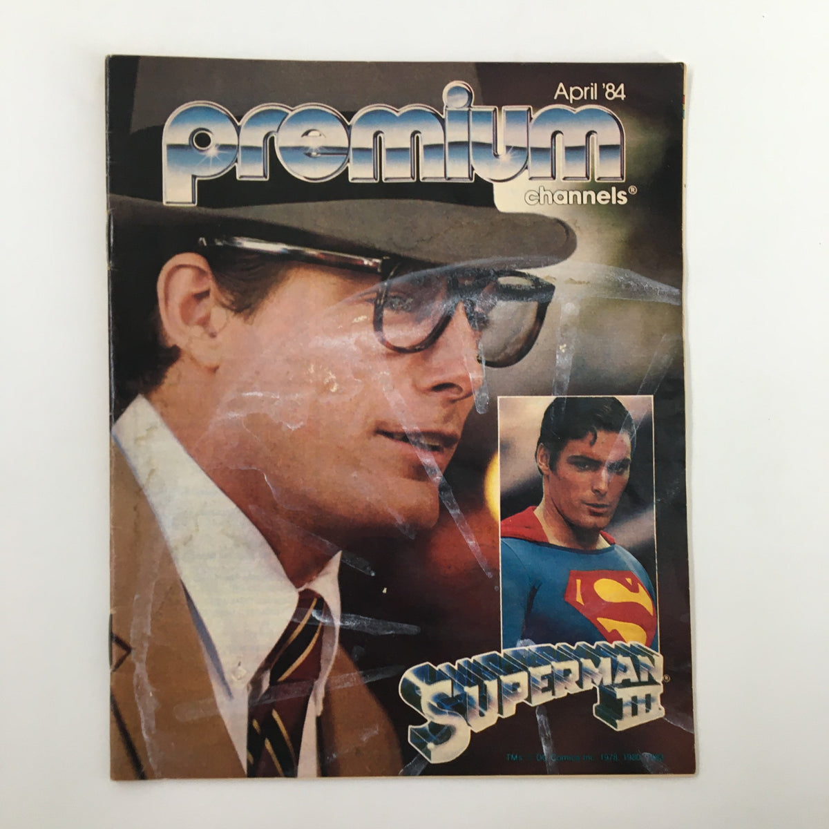 Cover of the VTG Premium Channels Mini Magazine from April 1984 featuring Christopher Reeve in Superman III, showcasing vibrant graphics and nostalgic 1980s design.