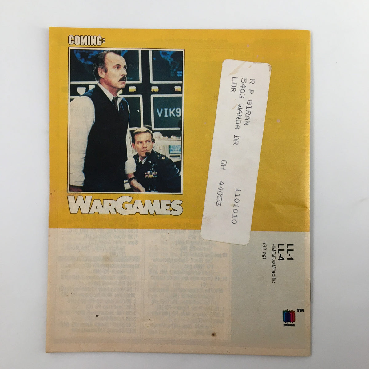 Back cover of VTG Premium Channels Mini Magazine April 1984 featuring an advertisement for the movie WarGames, highlighting its nostalgic influence on 1980s cinema.