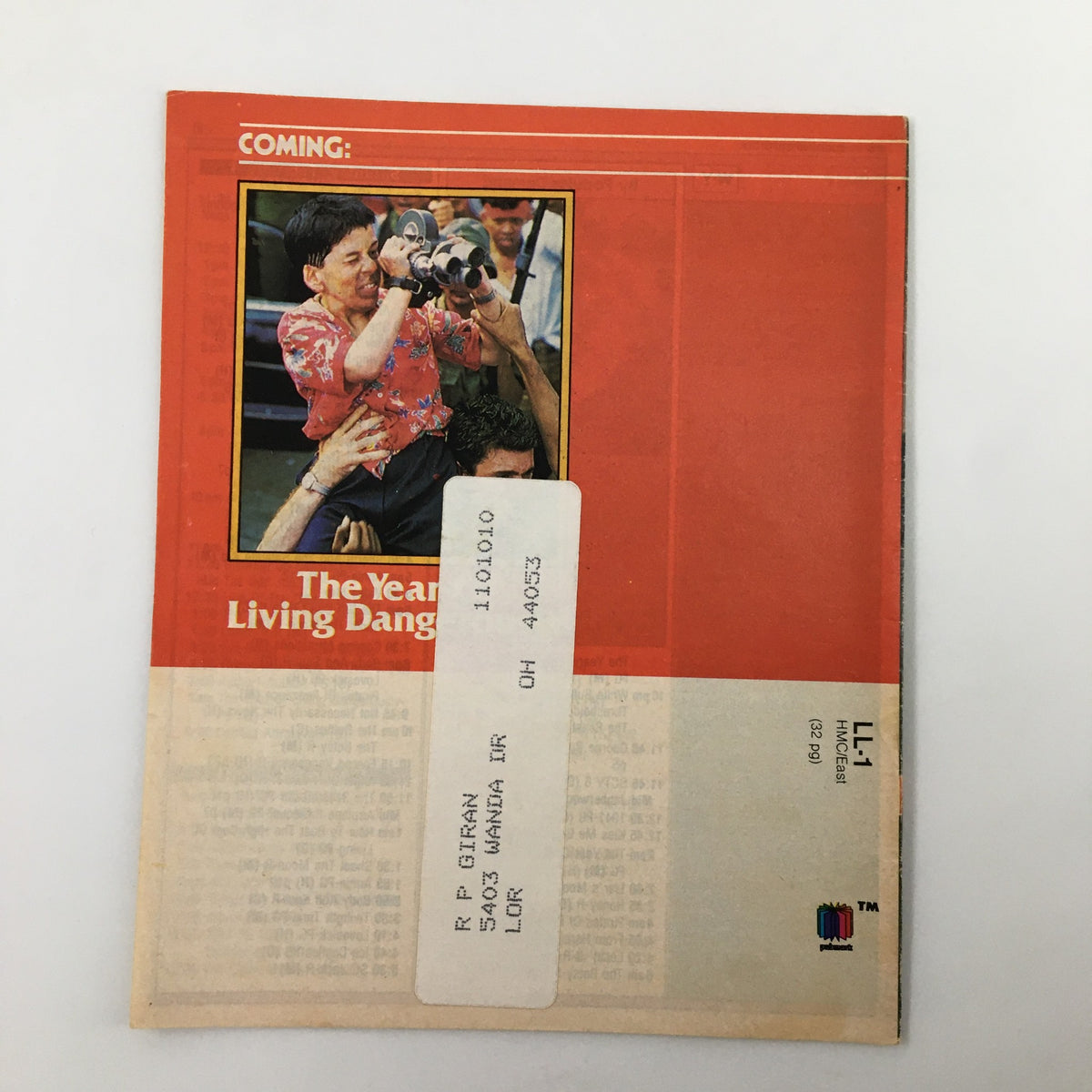 Back cover of the January 1984 VTG Premium Channels Mini Magazine, featuring a promotional image for 'The Year of Living Dangerously' with an additional label for authenticity.