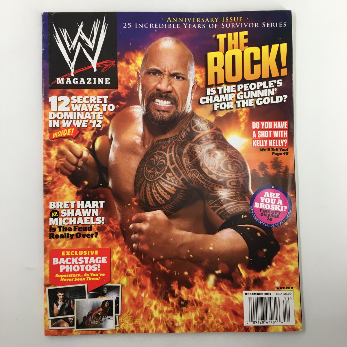 Cover of WWE Magazine December 2011 featuring The Rock, with the headline discussing his role as the People's Champion. The fiery background highlights the excitement of this iconic wrestling issue, which also features a matchup between Bret Hart and Shawn Michaels.