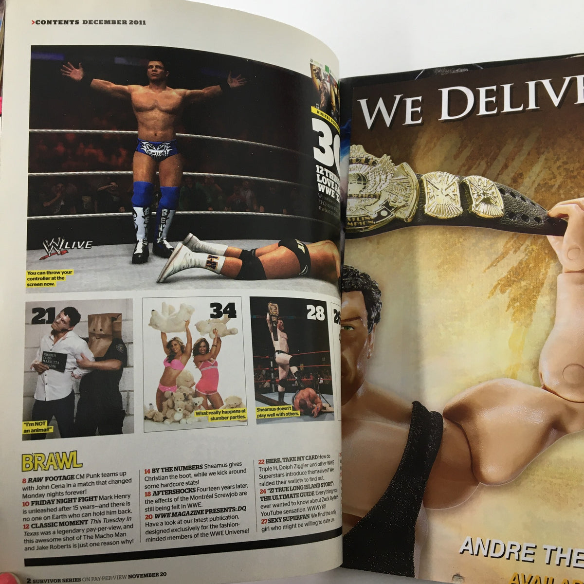 WWE Magazine December 2011 featuring content pages showcasing wrestling highlights, including images of stars like The Rock, and a matchup between Bret Hart and Shawn Michaels, making it a collectible for wrestling fans.