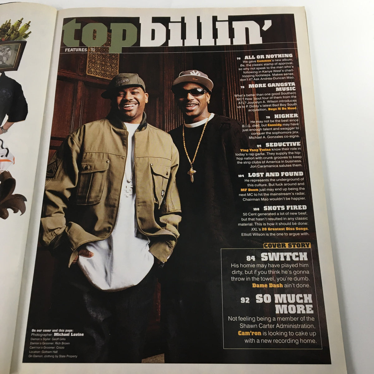 Inside spread of XXL Magazine June 2005 showcasing Dame Dash and Cam'ron. The feature titled 'top billin'' highlights their journey in hip-hop.