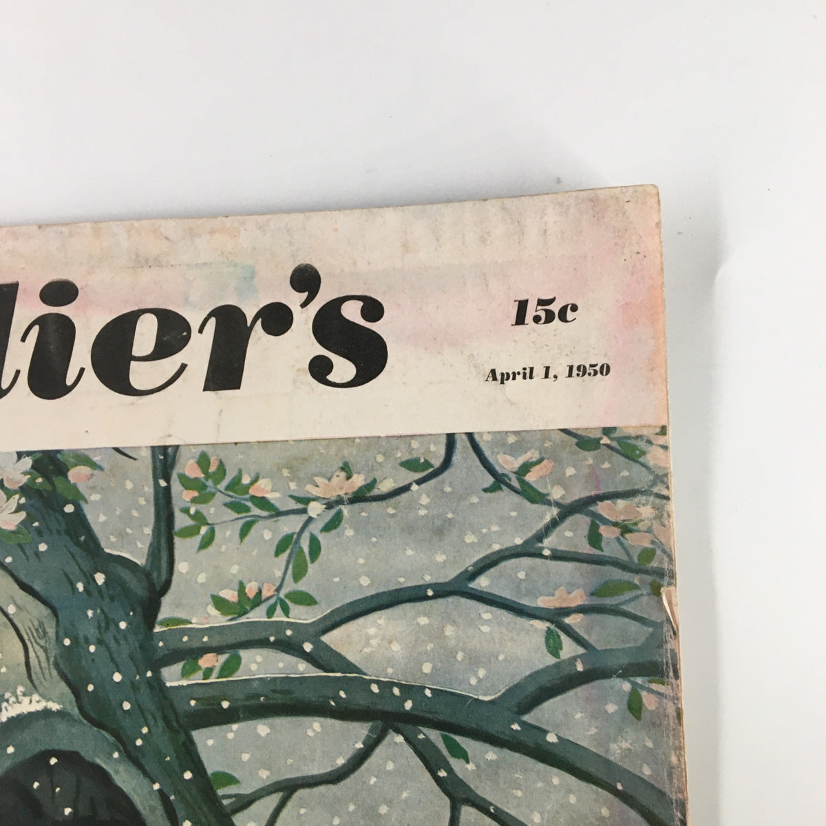 Top detail of the cover of VTG Collier's Magazine April 1 1950 showing '15c' price, date, and artistic design with flowers and a bird's nest.