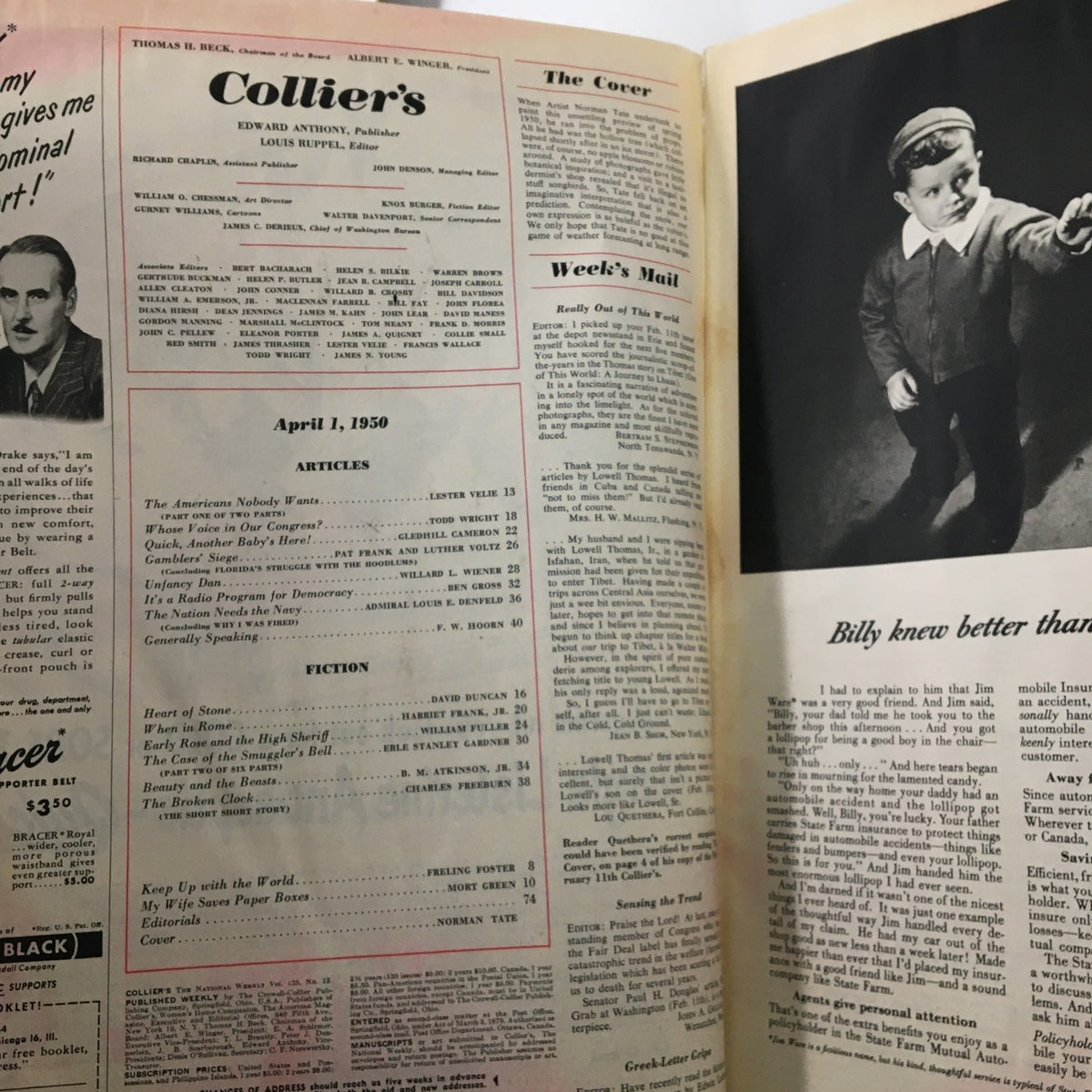 Table of contents from VTG Collier's Magazine April 1 1950 highlighting articles, including 'The Americans Nobody Wants' and other features.