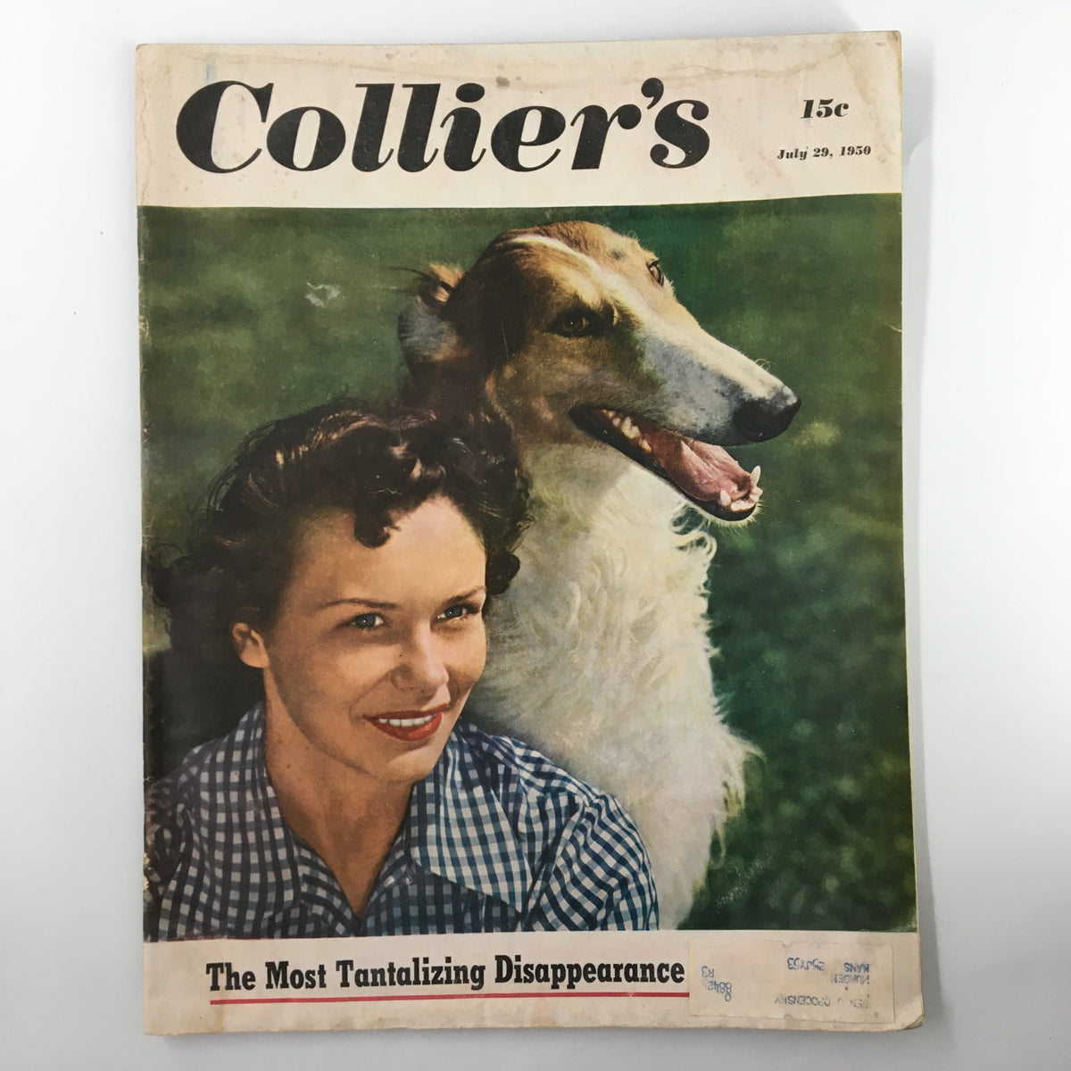 Cover of VTG Collier's Magazine dated July 29, 1950, featuring a woman with curly hair smiling alongside a dog, titled 'The Most Amazing Tantalizing Disappearance'.