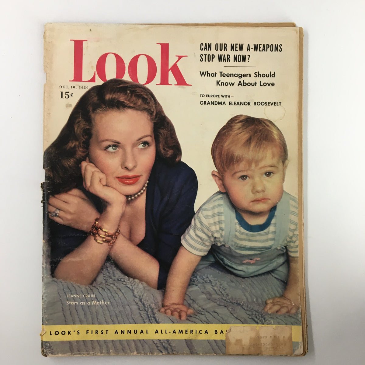 Cover of VTG Look Magazine from October 10, 1950 featuring Jeanne Crain as a mother with a child, showcasing vintage design and cultural context of the 1950s.