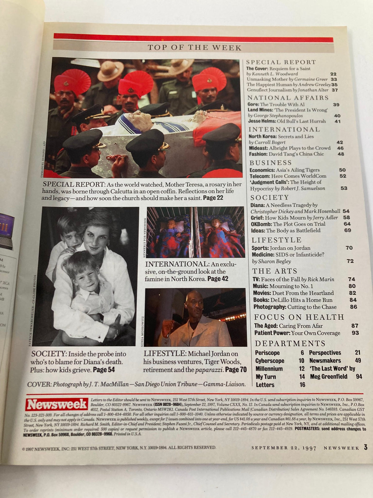 Inside page of Newsweek Magazine September 22, 1997 showcasing the table of contents with headlines about Mother Teresa's legacy, Princess Diana, and other significant articles from that issue.