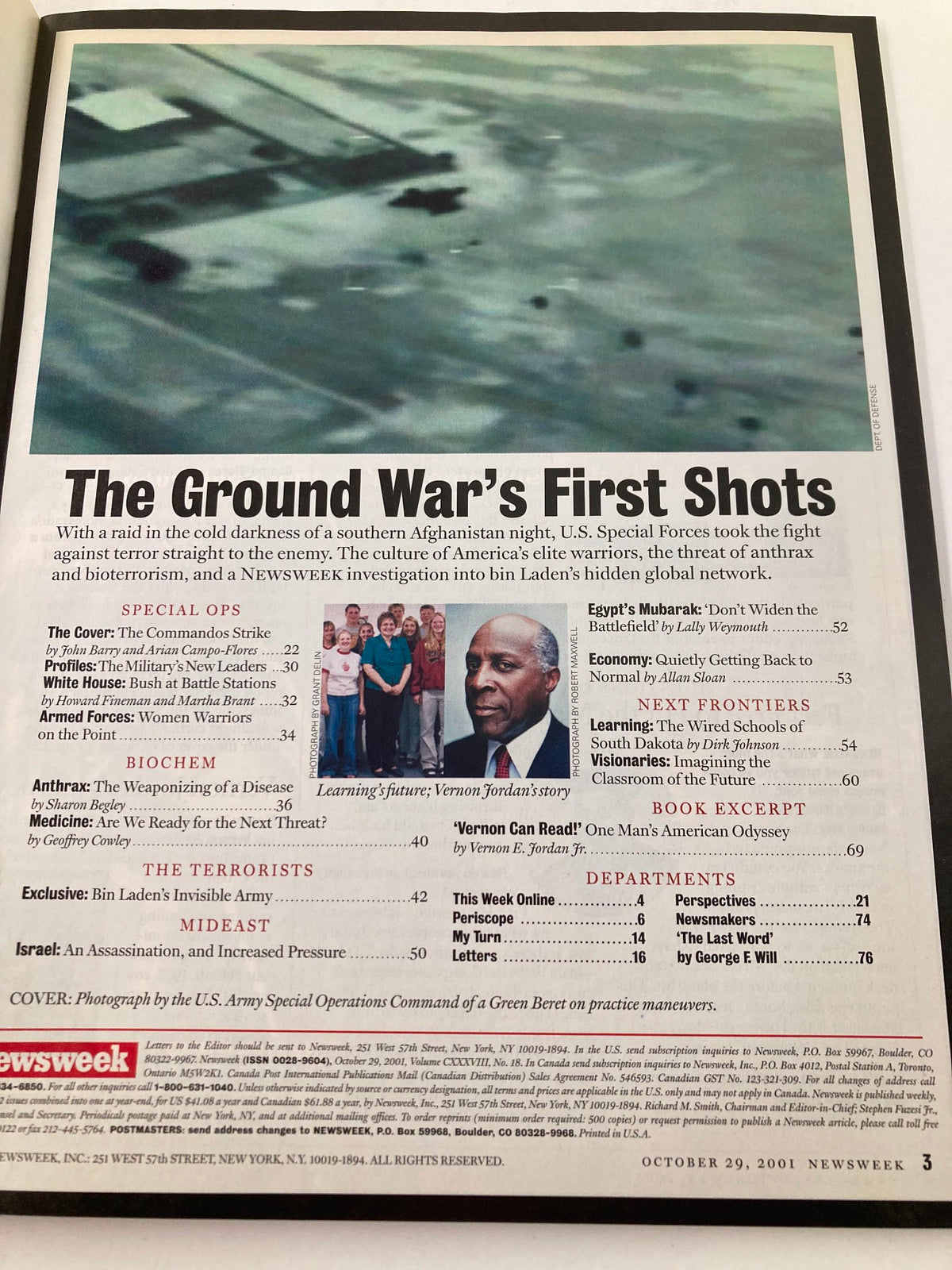 Newsweek Magazine October 29 2001 interior page with an article titled 'The Ground War's First Shots', discussing military actions and investigations following 9/11.