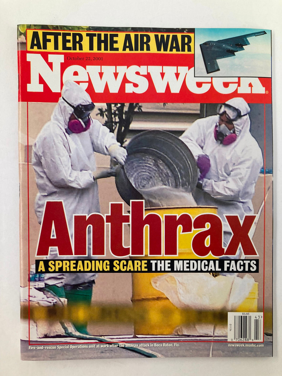 Newsweek Magazine October 22, 2001 cover featuring the headline 'Anthrax: A Spreading Scare' with an image of individuals in protective suits responding to the anthrax crisis.