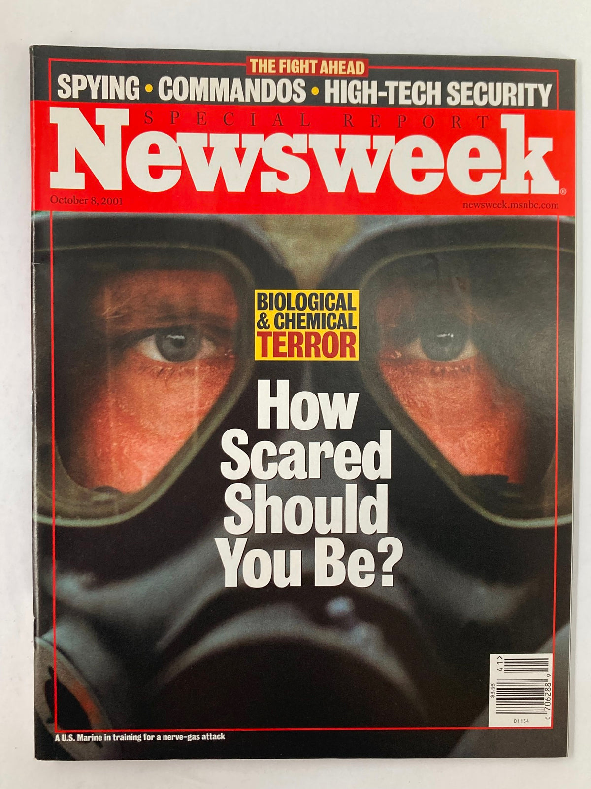 Newsweek Magazine Cover - October 8, 2001 featuring a masked figure and the title 'Biological & Chemical Terror: How Scared Should You Be?' highlighting critical themes from the issue.