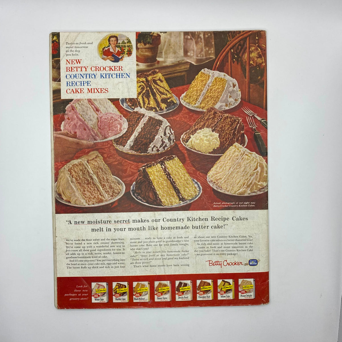 Vintage advertisement for Betty Crocker Country Kitchen Recipe Cake Mixes featuring multiple cake slices, showcasing a variety of flavors and textures. This nostalgic design complements the Saturday Evening Post Magazine from October 17, 1959, highlighting mid-century Americana.