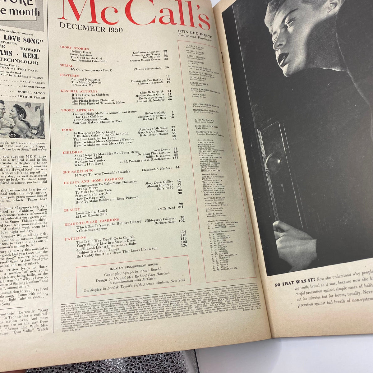 Inside page of McCall's Magazine December 1950 showcasing the table of contents, including sections on food, decorations, and various holiday topics.