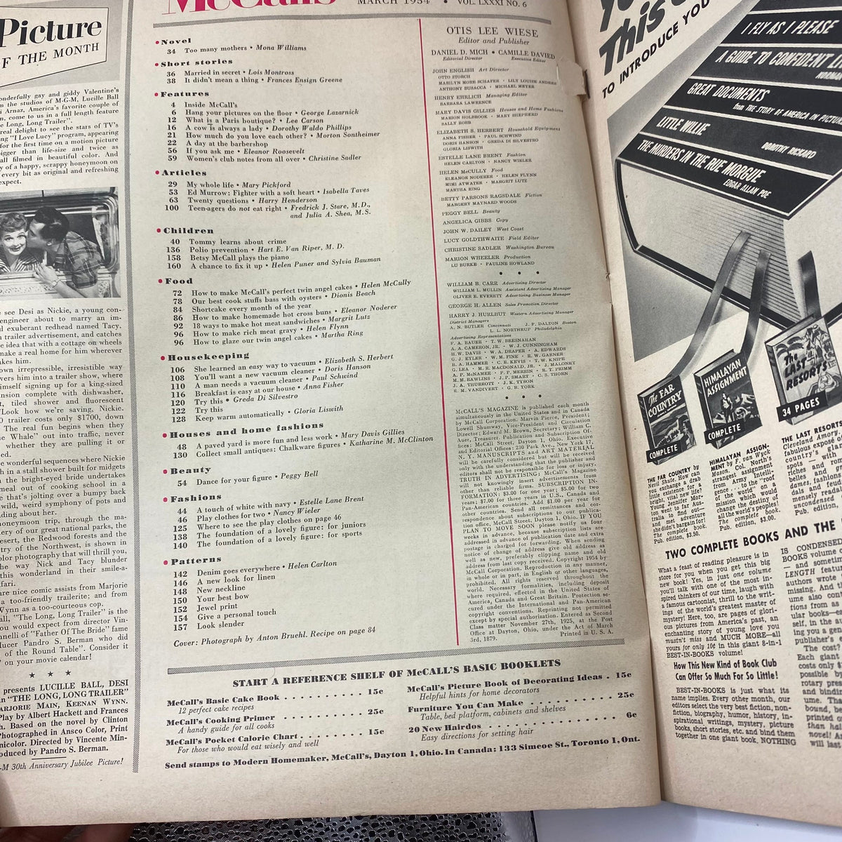 Interior page of the March 1954 edition of McCall's Magazine, showcasing a table of contents and various article titles, highlighting features such as recipes and fashion tips.