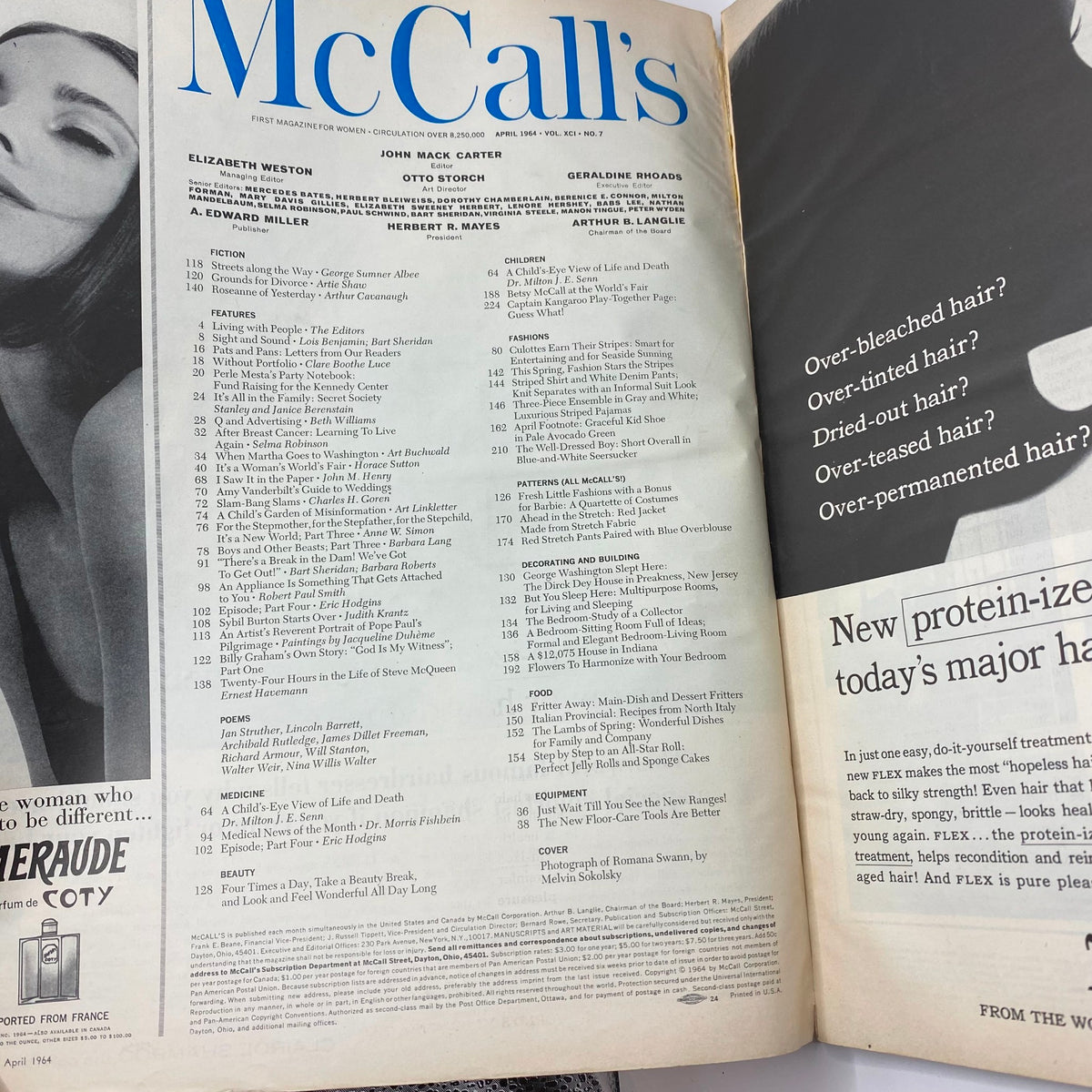 Interior page of VTG McCall's Magazine April 1964 with a detailed table of contents, reflecting the magazine's articles, features, and fashion tips.