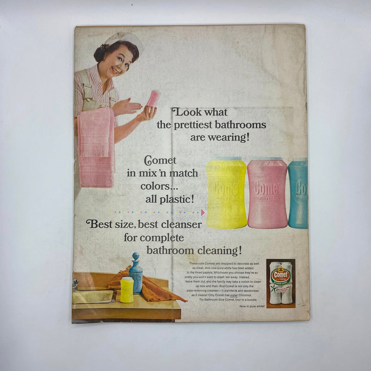 Back cover of the October 1967 VTG McCall's Magazine displaying a colorful advertisement for Gomet bathroom cleaning products, reflecting vintage marketing aesthetics.
