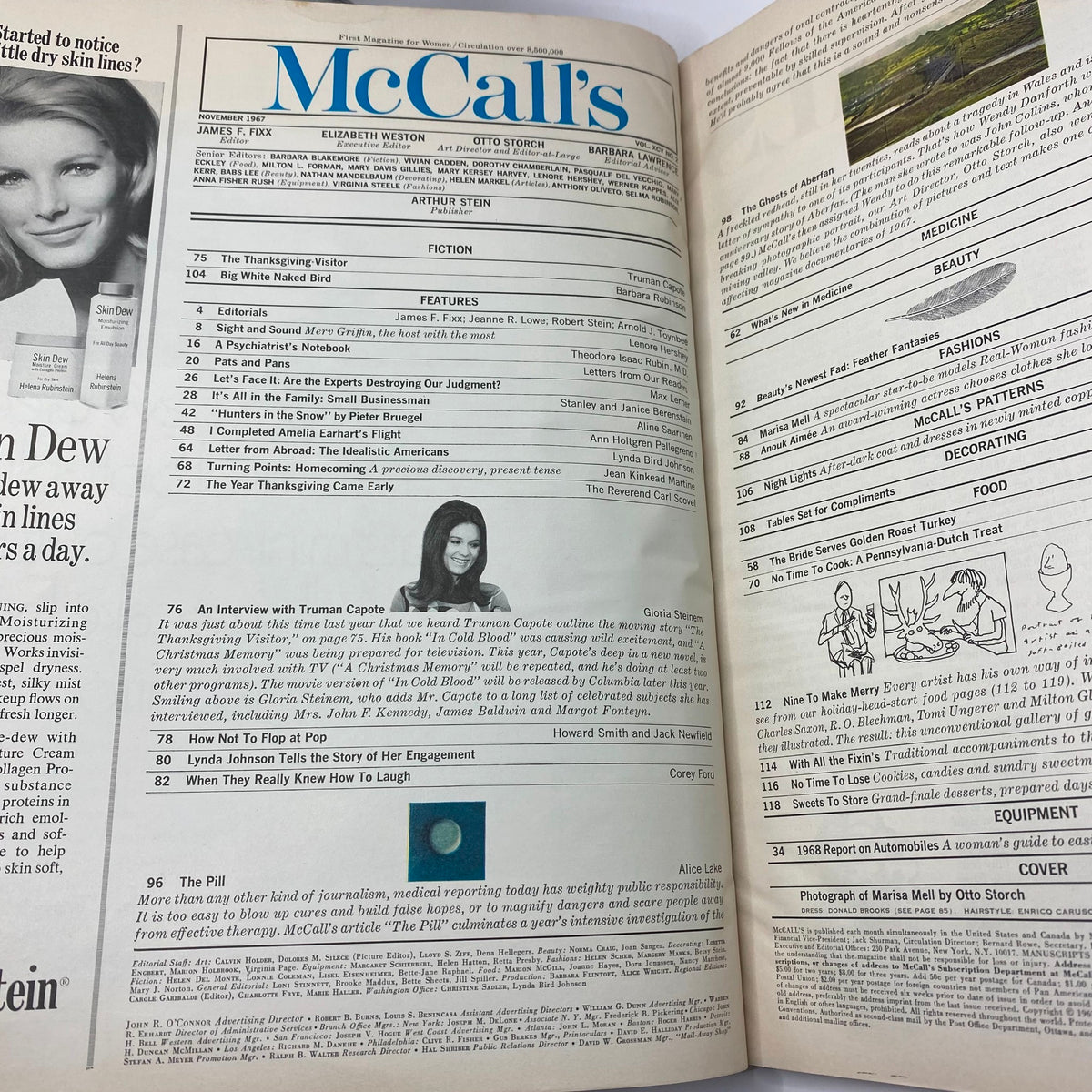 Interior page of VTG McCall's Magazine November 1967 showcasing contents and features, including an interview with Truman Capote and fashion highlights.