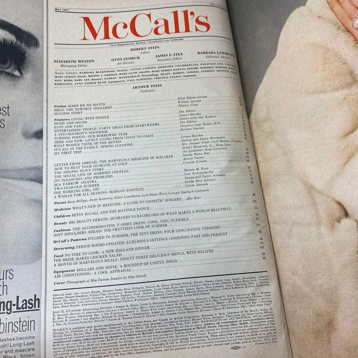 Interior page of VTG McCall's Magazine May 1967 showing the table of contents, highlighting articles and features including Mia Sinatra's exclusive interview.