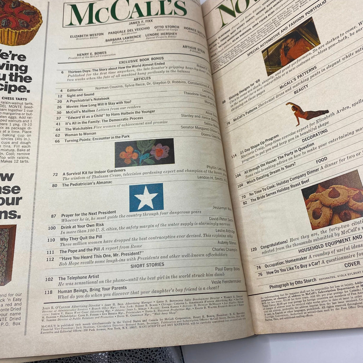 Interior page of VTG McCall's Magazine November 1968 showcasing the table of contents, including Robert Kennedy's 'Thirteen Days' article.