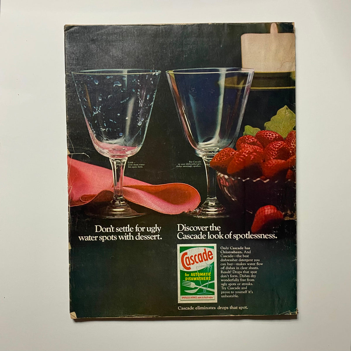 Back cover of VTG McCall's Magazine November 1968 featuring an advertisement for Cascade Automatic Dishwashers with a visual comparison of spotless glassware.