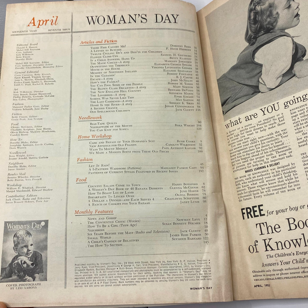 Interior page of VTG Woman's Day Magazine April 1953 with a table of contents listing articles, topics, and features of interest to women, reflecting 1950s culture.