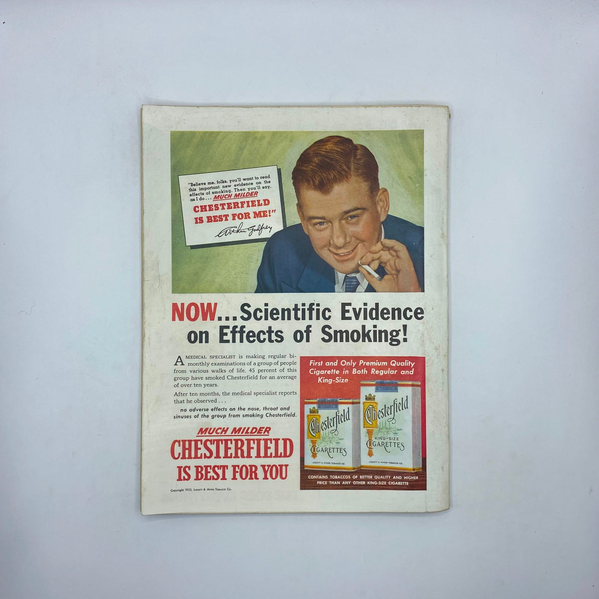 Back cover of VTG Woman's Day Magazine April 1953 advertising Chesterfield cigarettes, highlighting promotional content from that era.