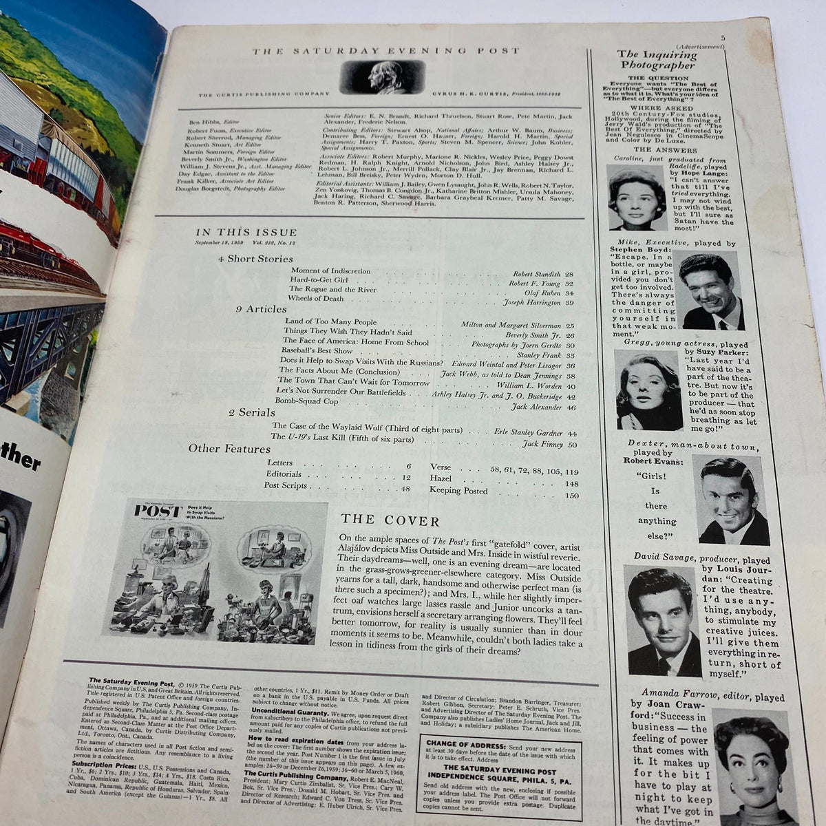 Inside page of the Saturday Evening Post Magazine, September 19, 1959, detailing short stories and features, showcasing the magazine's historical context and significant content.