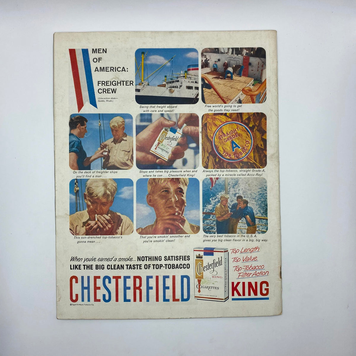 Vintage advertisement for Chesterfield cigarettes featuring a montage of freighter crew members, emphasizing the brand's message of satisfaction and quality tobacco, from the Saturday Evening Post Magazine January 31 1959 Mount Skyhigh - George Hughes.