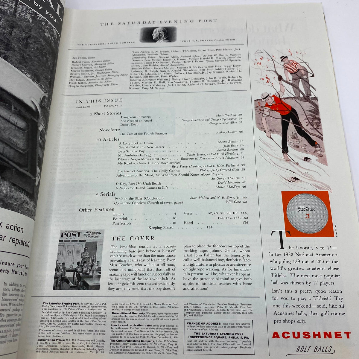 Interior page of the Saturday Evening Post Magazine April 4 1959 showcasing the table of contents and various articles, highlighting the magazine's diverse features.