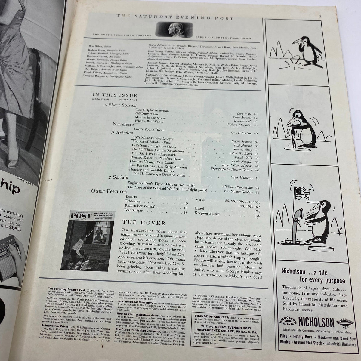 Interior page of the Saturday Evening Post Magazine from October 3, 1959, showcasing the contents and features including stories and articles of the era.