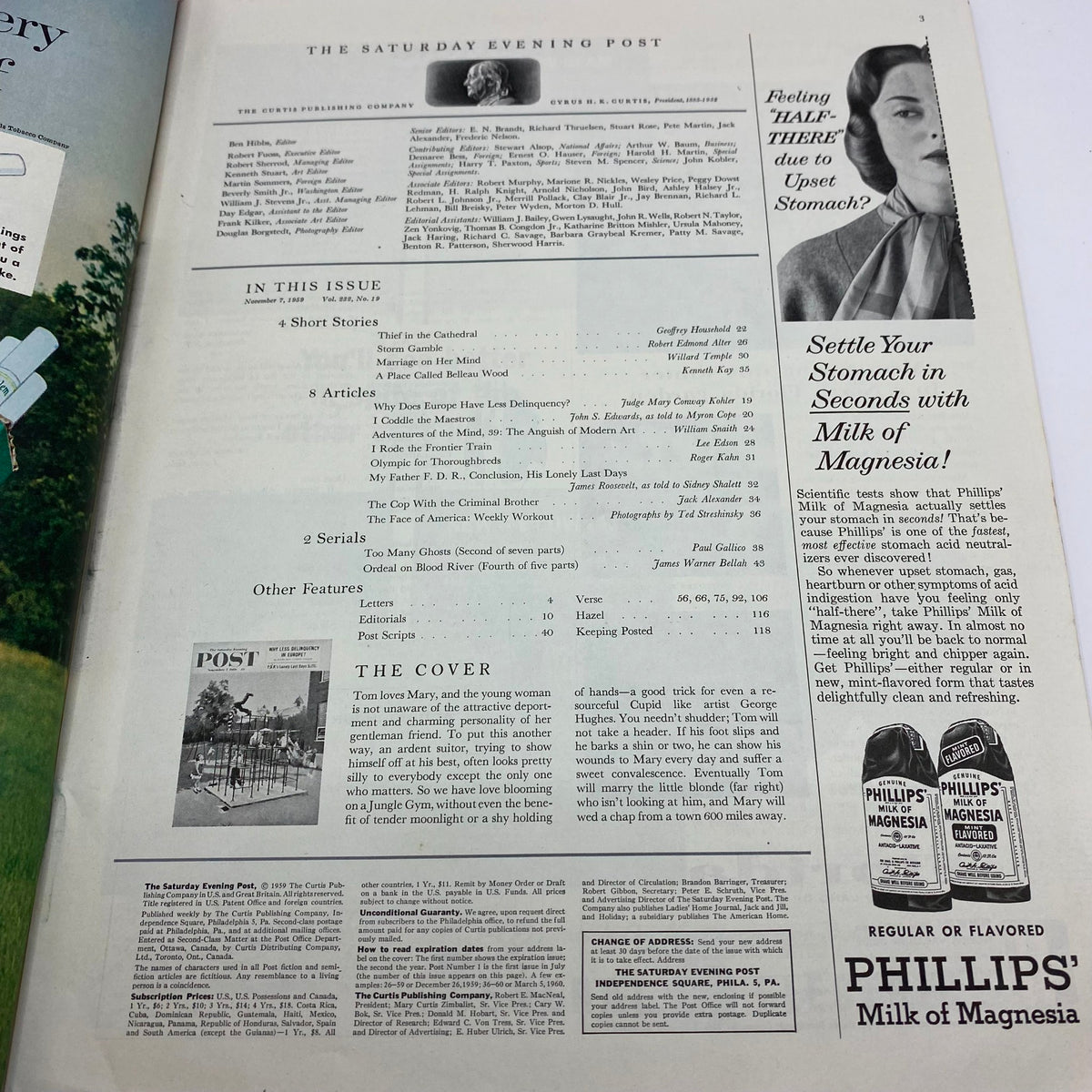 Inside page of the Saturday Evening Post Magazine, November 7, 1959, displaying the table of contents and article highlights, showcasing the magazine's rich history and content diversity.