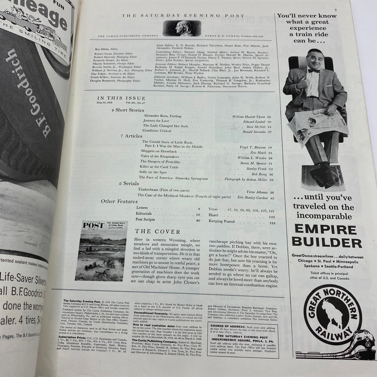 Interior page of the Saturday Evening Post Magazine May 23, 1959, displaying the contents list with references to featured articles and advertisements from the era.