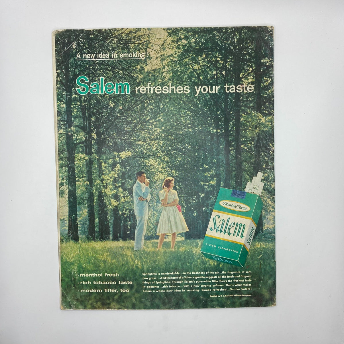 Back cover of Saturday Evening Post Magazine February 7 1959 featuring an advertisement for Salem cigarettes with a couple in a forest.