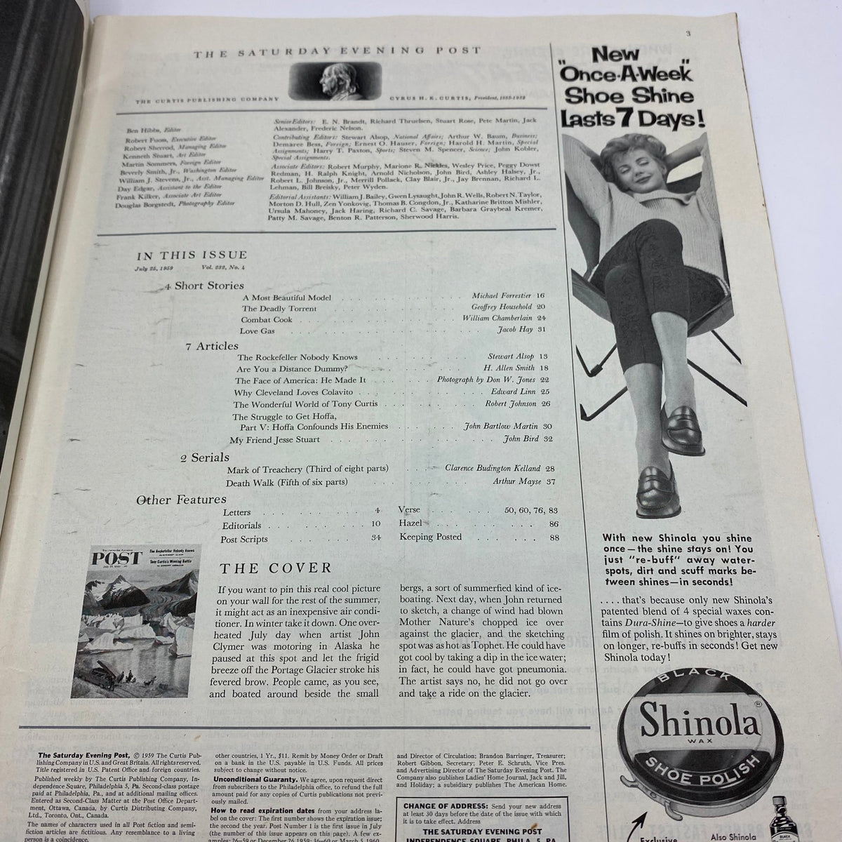 Interior page of the Saturday Evening Post Magazine July 25, 1959 featuring articles and advertisements, showcasing the magazine's classic design and vintage charm.