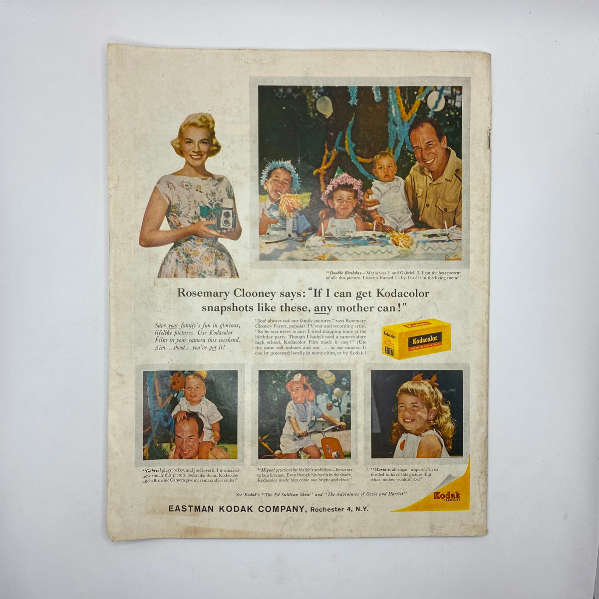 Back cover of the Saturday Evening Post Magazine July 25, 1959 featuring an advertisement for Kodak and a photo of Rosemary Clooney, highlighting retro advertising trends.