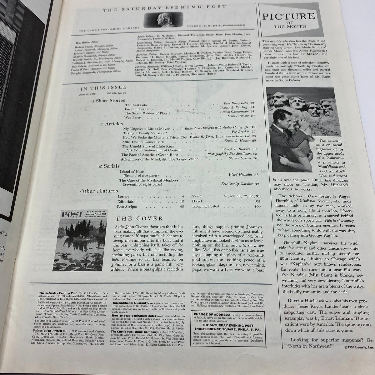 Interior page of the Saturday Evening Post Magazine June 13 1959, showcasing table of contents and featured articles including details about the cover art by John Clymer.