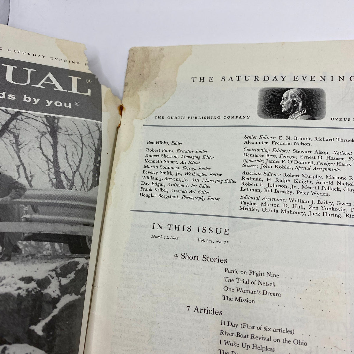 Another interior page of the Saturday Evening Post Magazine March 14, 1959, displaying editorial information and article listings, reflecting the vintage publication style.
