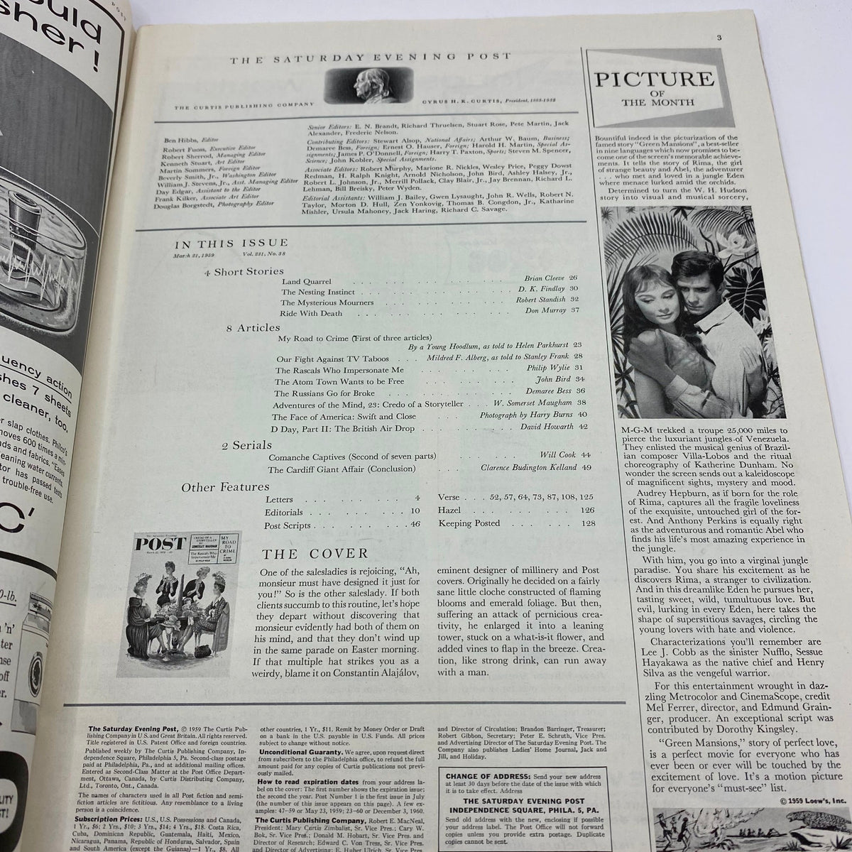 Interior page from the Saturday Evening Post Magazine, March 21, 1959, listing the contents including short stories and articles, alongside an image from the publication.